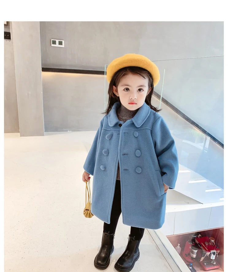 1-7 Years Girls Wool Coats New Fashion Korean Version Long Kids Jacket Spring Autumn Double Breasted Children Outerwear Clothing