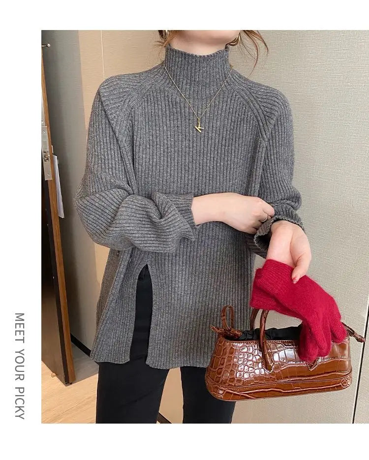 2024 Women Sweater Pullovers Turtlneck Casual Autumn Winter Split Fork Button Chic Sweater Female Slim Knit Top Soft Jumper Tops