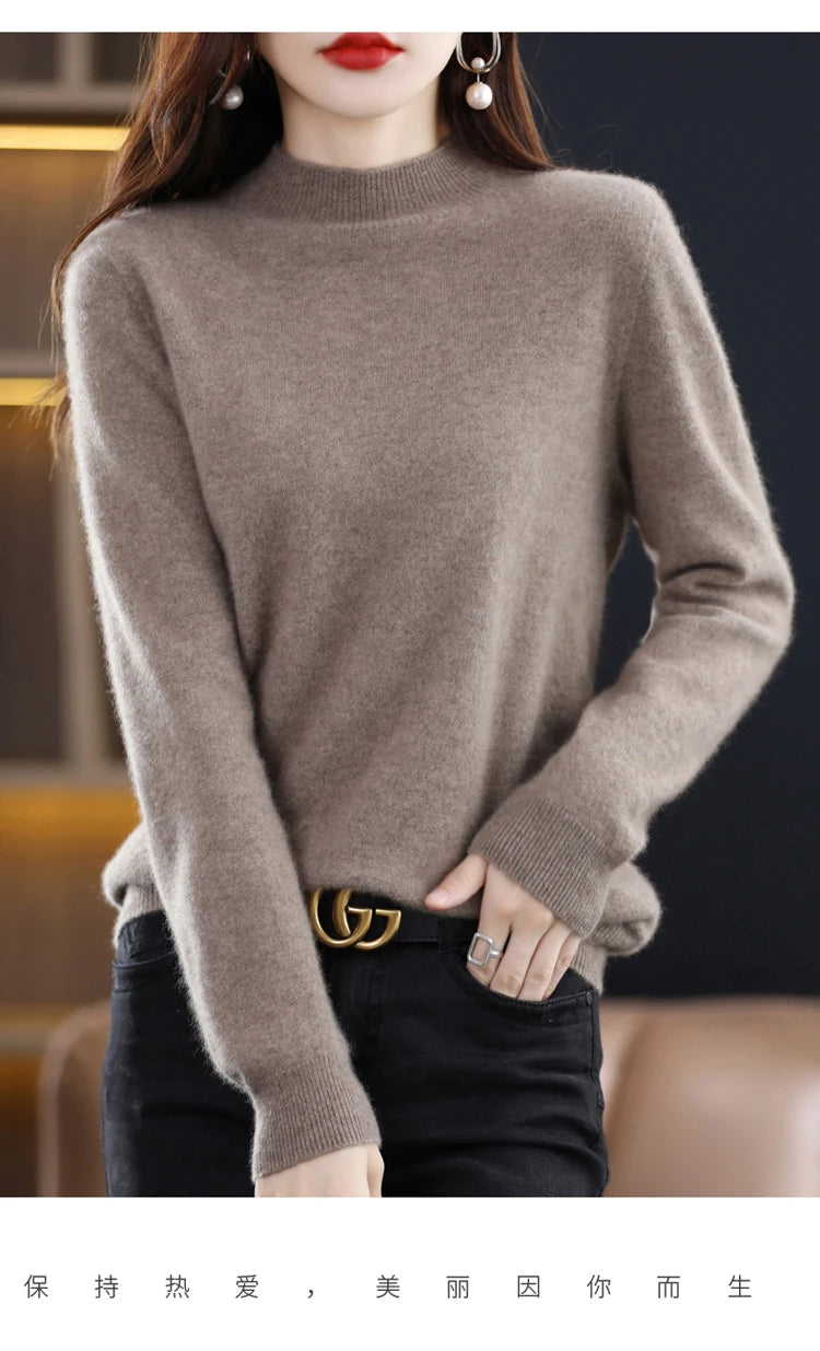 100% merino wool cashmere sweater women's sweater semi-high-necked long-sleeved pullover warm pullover in autumn and winter