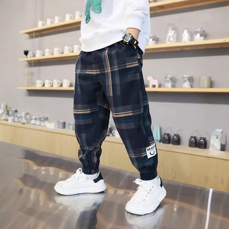 2024 Fashion Boys Cotton Plaid Pants Spring Autumn Toddler Casual Kids Loose Trousers Sweatpants for Teenage Children Clothes