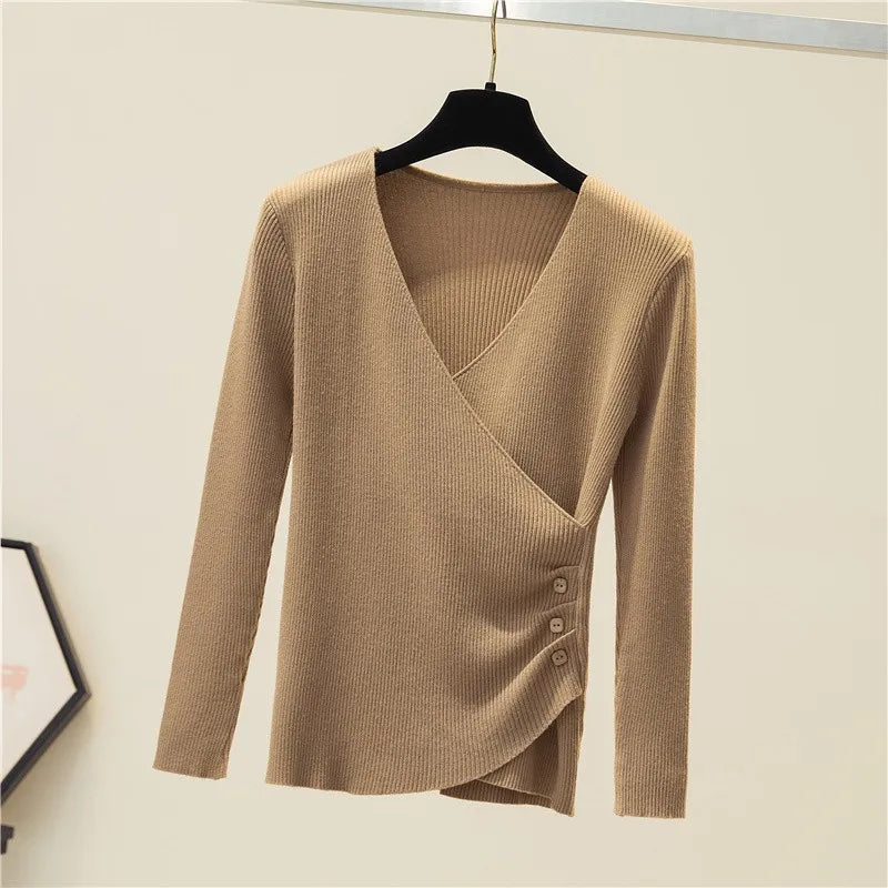 Surplice Sweater for Women Pullovers Ribbed Knit V-Neck Long Sleeve Button Side Plain Jumper Teen-girl Fall Winter Basic Outfit