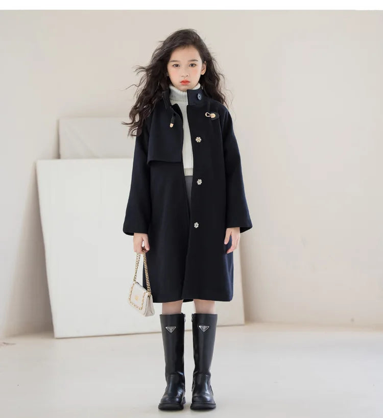 Winter Girls Wool Coat Long Double-faced Tweed Overcoat for Kids Fashion Casual Grey 10 12 14 Years Teenage Children Outerwear