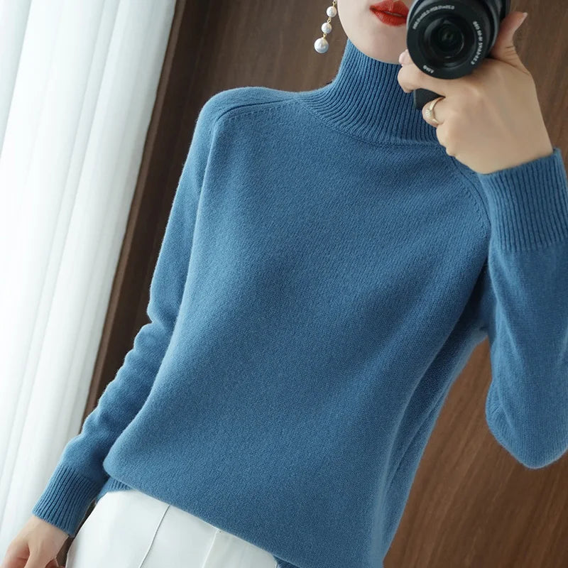 Turtleneck Merino Wool Pullover Basic Casual Cashmere Sweater Comfort Autumn Winter Women's Raglan Sleeve Clothing Tops