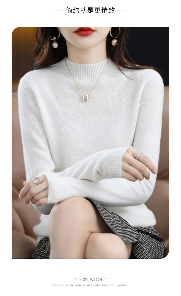 100% merino wool cashmere sweater women's sweater semi-high-necked long-sleeved pullover warm pullover in autumn and winter