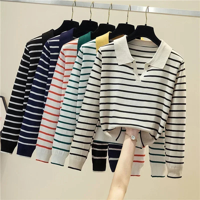 Women's Striped V-neck Pullover Polo Sweater Early Autumn All-match Tops Long-sleeved Knitted Bottoming Sweaters Jumpers New