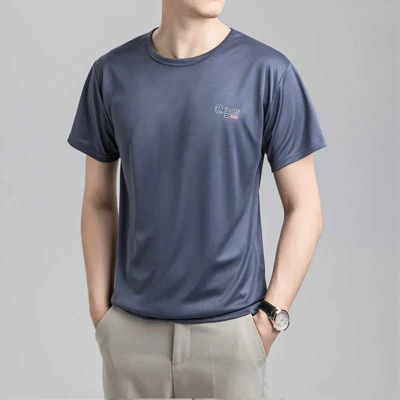 Summer Ice Silk T-shirt Men's Cold Short Sleeve O-neck Stretch Quick-drying Breathable Sports Shirt T Shirt Men