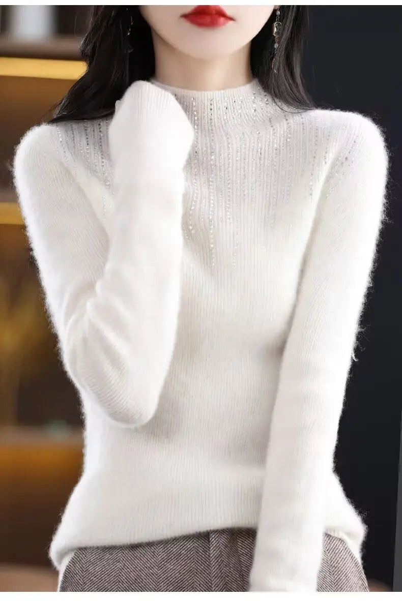 Hot Diamond Half High Neck Sweater Women's Pullover Autumn and Winter New Fit Versatile Warm Knitted Sweater Women