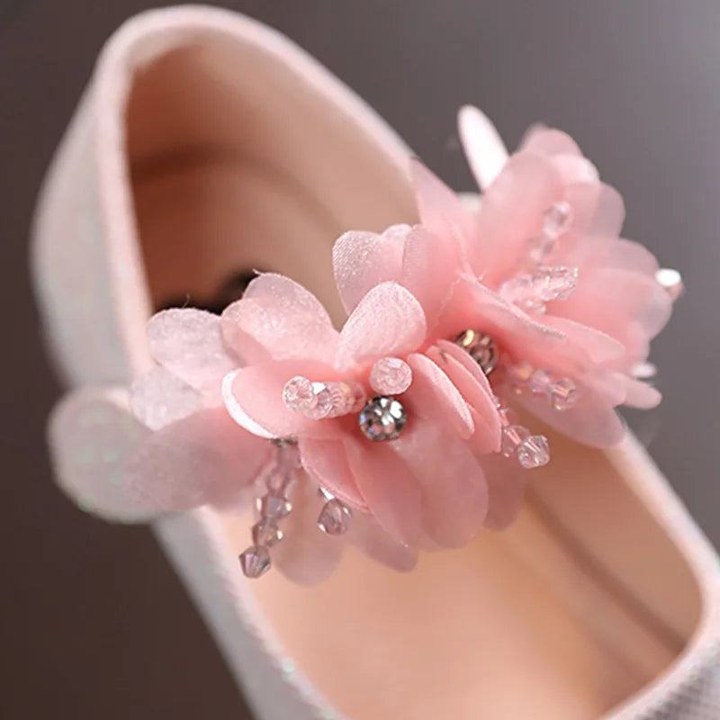 Child Beaded Little Flowers Leather Shoes Girls Princess Shoes Middle And Small Crystal Soft Bottom Dancing Shoes