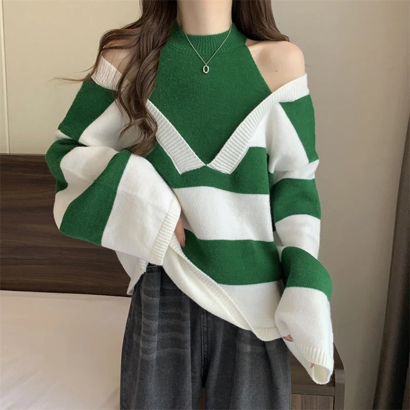 Y2K Stripe Halter Women Sweaters Korean Knitted Loose Patchwork Female Pullovers Autumn Preppy Style All Match Chic Ladies Tops