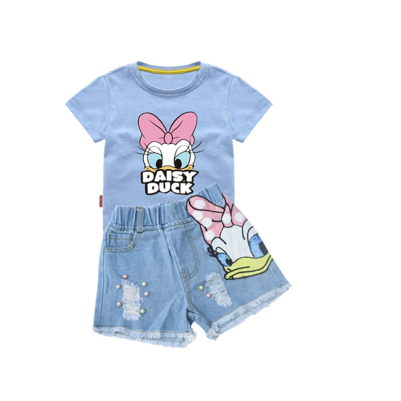 Summer Girls Fashion Sets Sequins Embroidery Broken Hole Pearl Denim Shorts Sleeve Donald Duck Little Kids Clothes Outfits