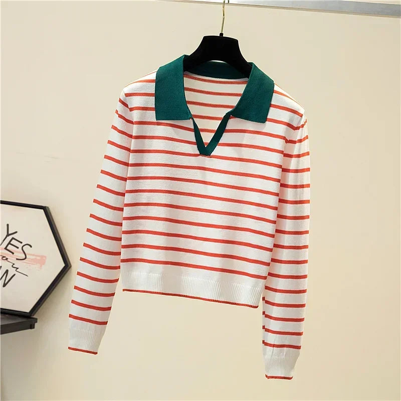 Women's Striped V-neck Pullover Polo Sweater Early Autumn All-match Tops Long-sleeved Knitted Bottoming Sweaters Jumpers New