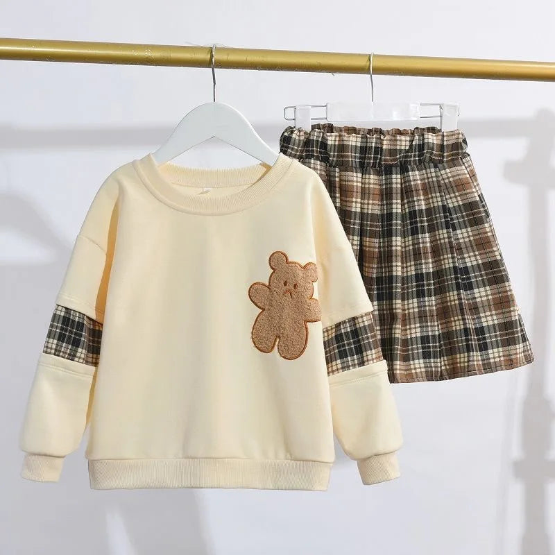 3-14 Years Teenager Girls Outfits Cute Bear Sweatshirt + Plaid Skirt 2Pcs Suit For Girls Birthday Present Children Clothing Sets