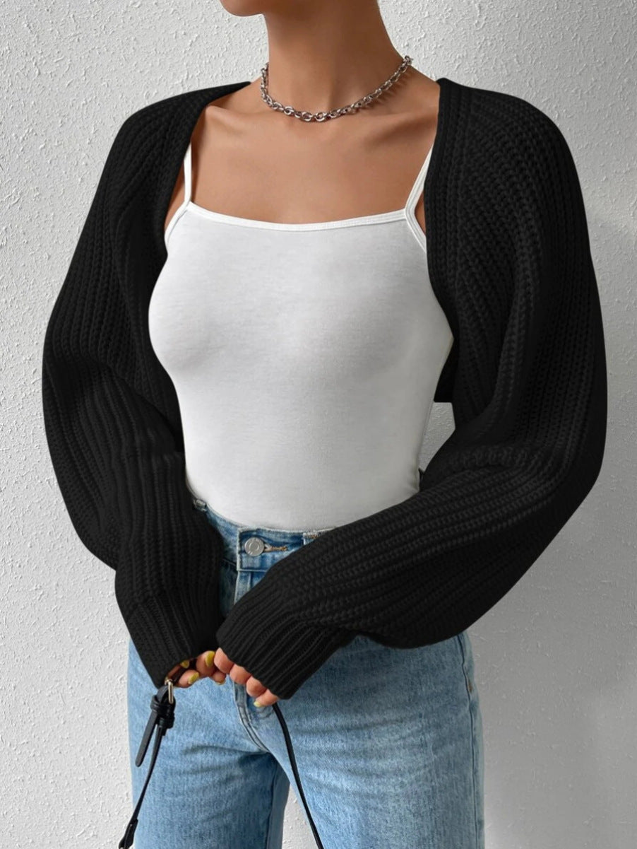 Women Spring Fall Ribbed Knit Sweater Cardigan V-Neck Long Sleeve Solid Cropped Shrug Sweater Bolero Tops Casual Outerwear