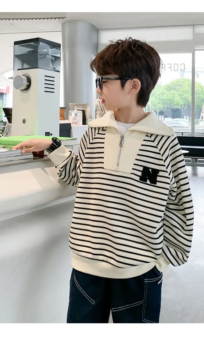 Spring Autumn School Kids Cotton Striped Half Zip Lapel Sweatshirt Boys Pullover Jumper Children Outfits Tracksuit Tops 3-14 Yrs