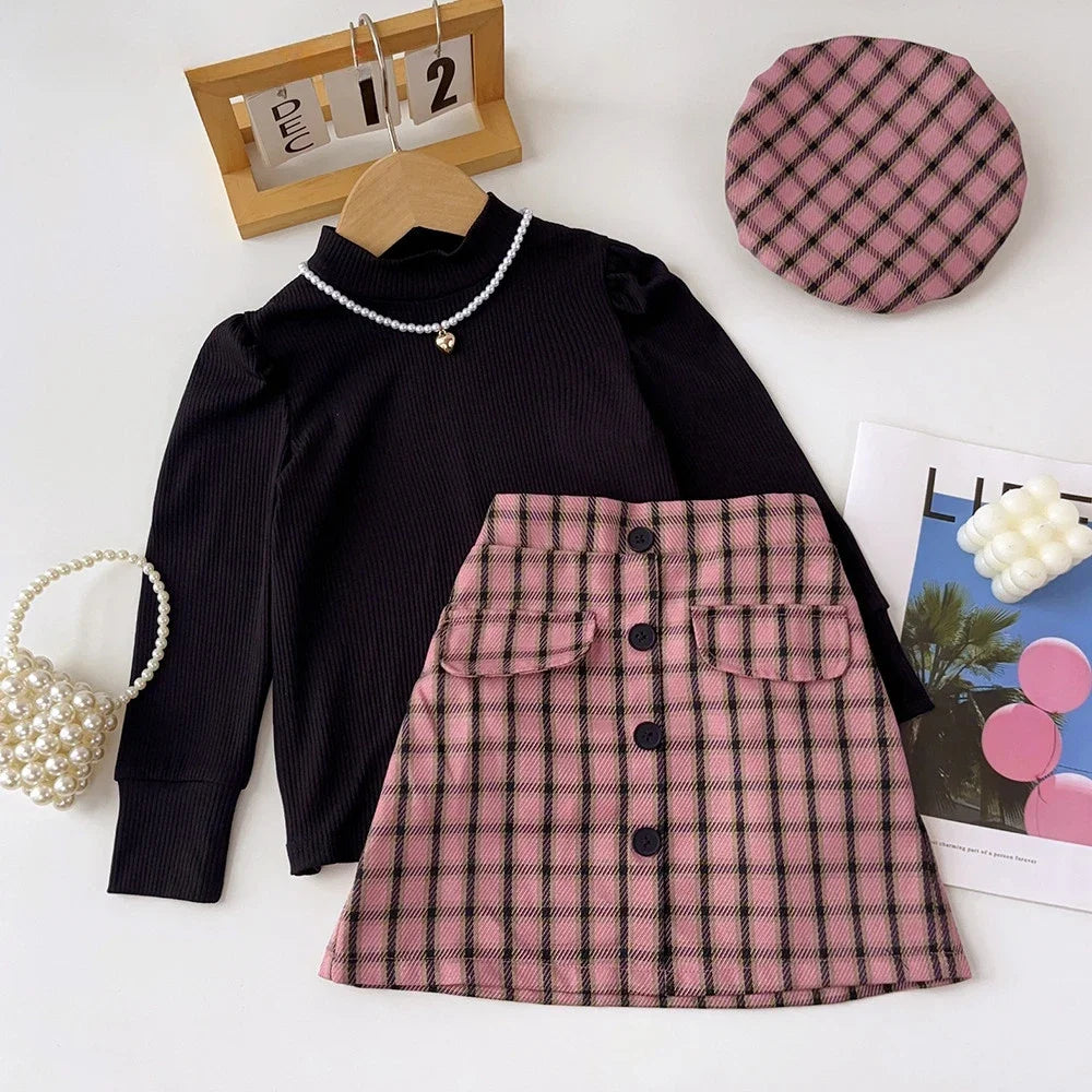 Autumn Spring Children's Set Long Sleeves Solid Color High Neck Base Shirt+Plaid Skirt+Hat 3 Piece Sets Kids Clothes Girls