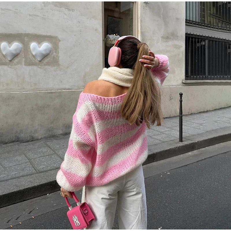 Off Shoulder Knitted Striped Sweater Women Loose Casual Slash Neck Long Sleeve Female Pullovers 2024 Autumn Lady Street Jumper