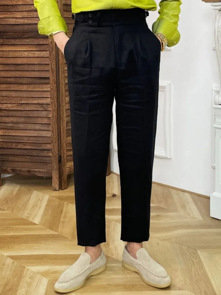 Linen Straight Leg Pant Naples High Waist Suits Retro Casual Pant British High Waist Pants Office-trouser Men Dress Pant Trouser