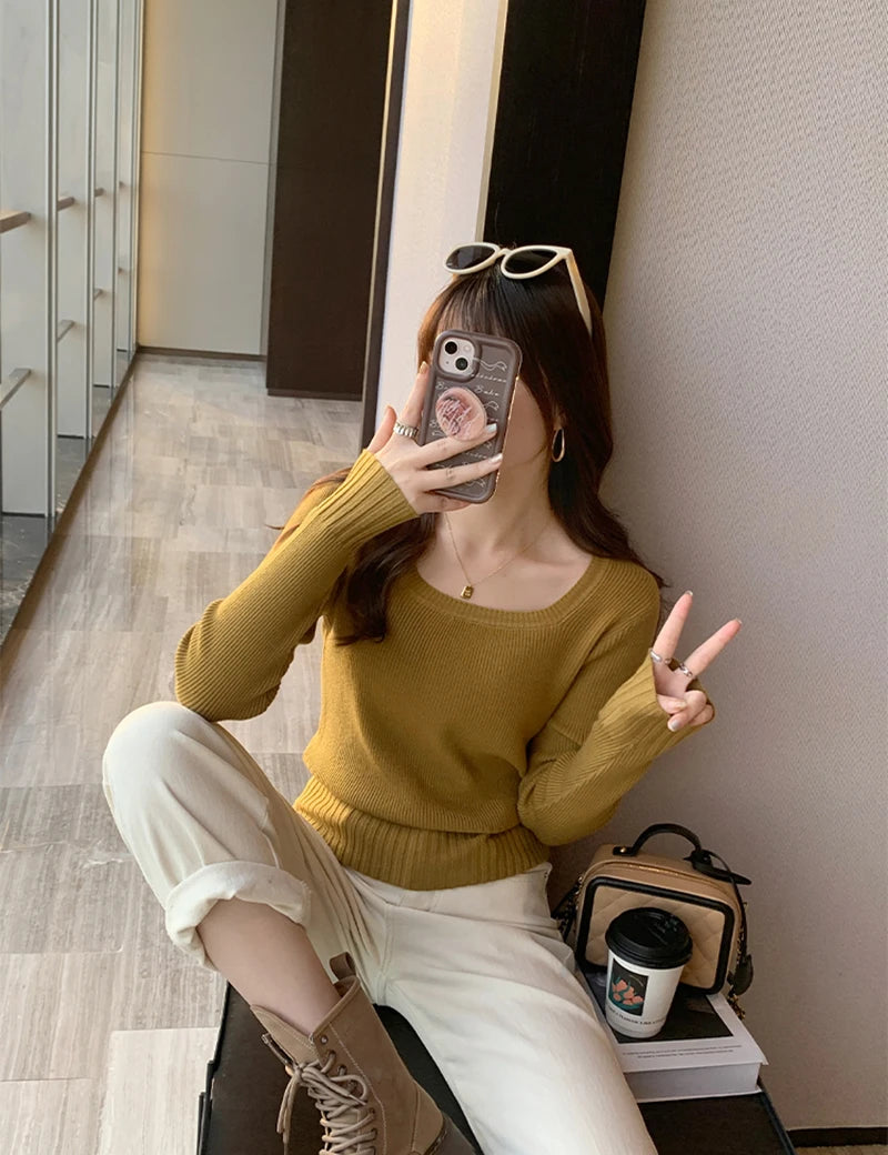 Autumn Winter Fashion Sweater Slim Knitted Pullover Women Square Collar Soft Solid Jumper Casual All Match Female Tops 2024 New