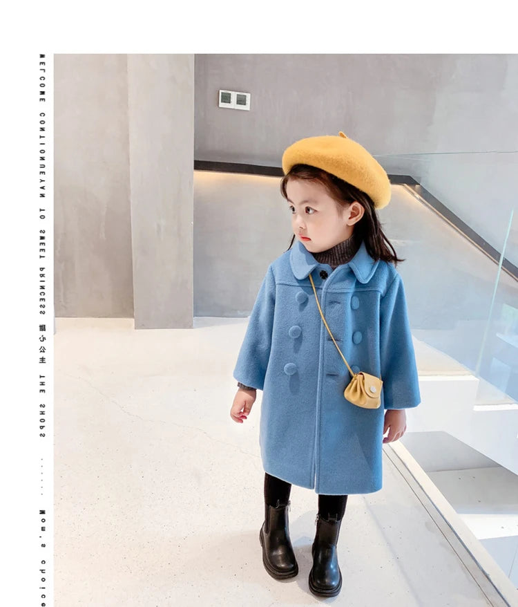 1-7 Years Girls Wool Coats New Fashion Korean Version Long Kids Jacket Spring Autumn Double Breasted Children Outerwear Clothing