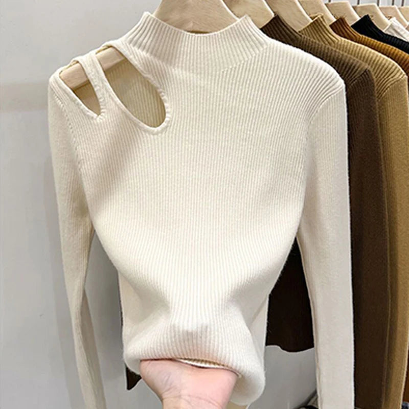 Knitted Women Turtleneck Sweater Tops Autumn Winter Female Casual Pullovers Sexy Hollow Out Sweaters Warm Long Sleeve Tops