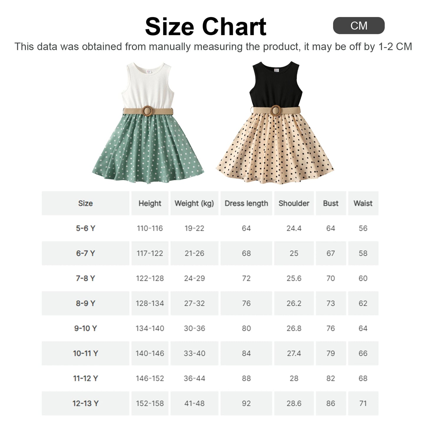 PatPat 2pcs Girl Dresses Kids Clothes Girl Polka Dots Ribbed Girls Splice Sleeveless Dress & Belt