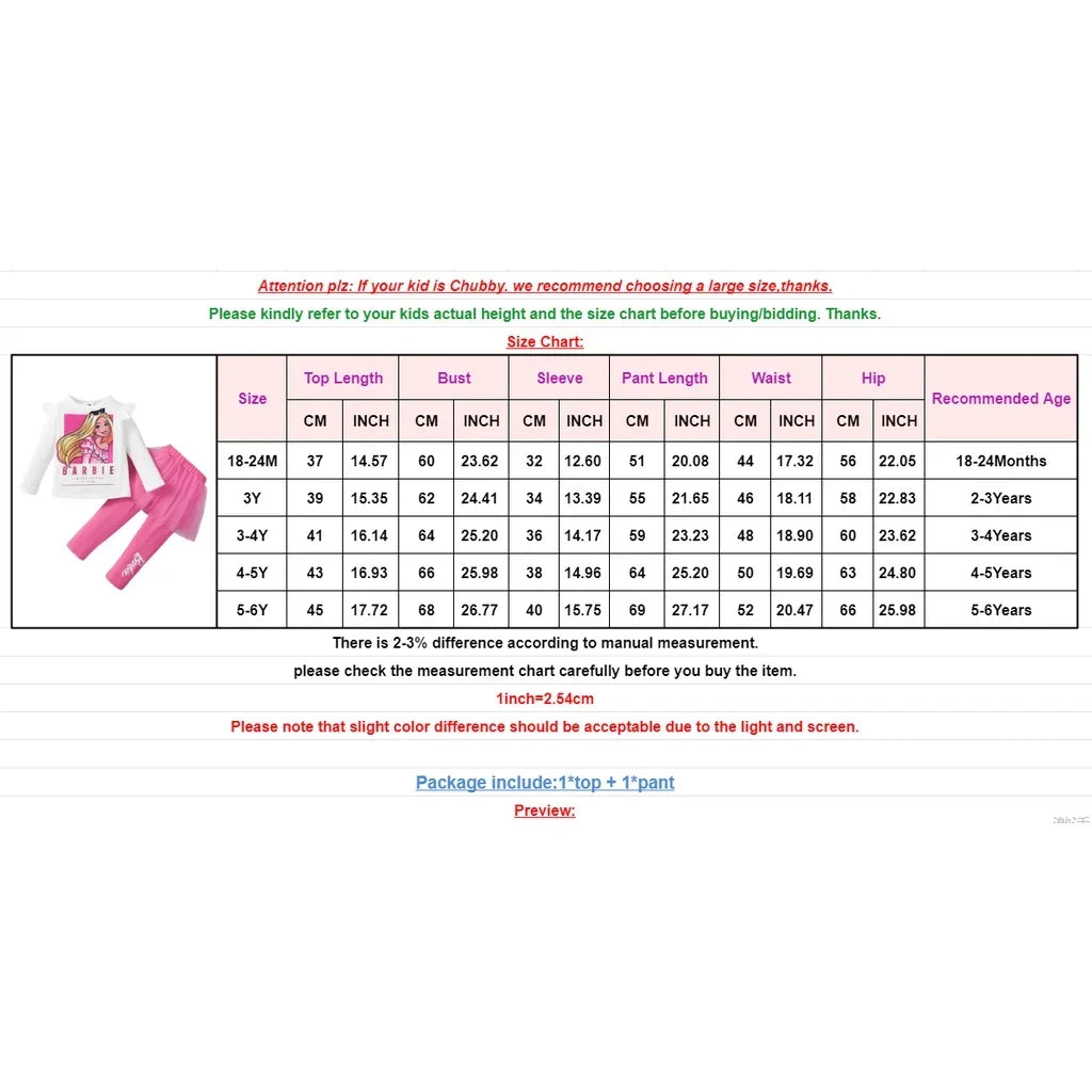 2PCS Kids Girl Clothes Set Cartoon Pattern Fashion Long Sleeve Top+Skirt Pant Spring&Autumn Lovely Wear for Child Girl 1-6 Years