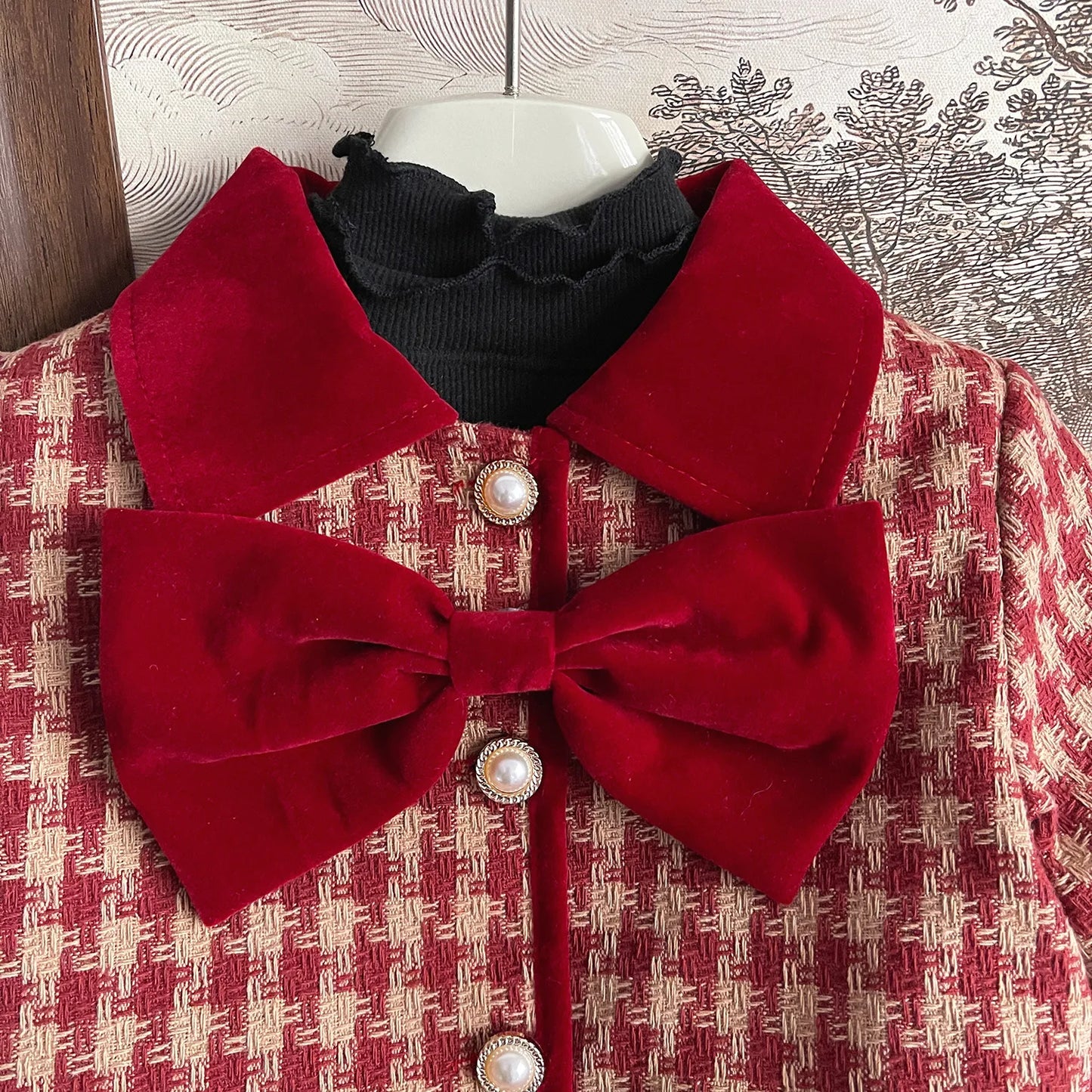 2024 Winter New Korean Edition Girls Red Grid Bow Set Baby Cotton Two Piece Set Toddler Girl Designable Gentle Clothes