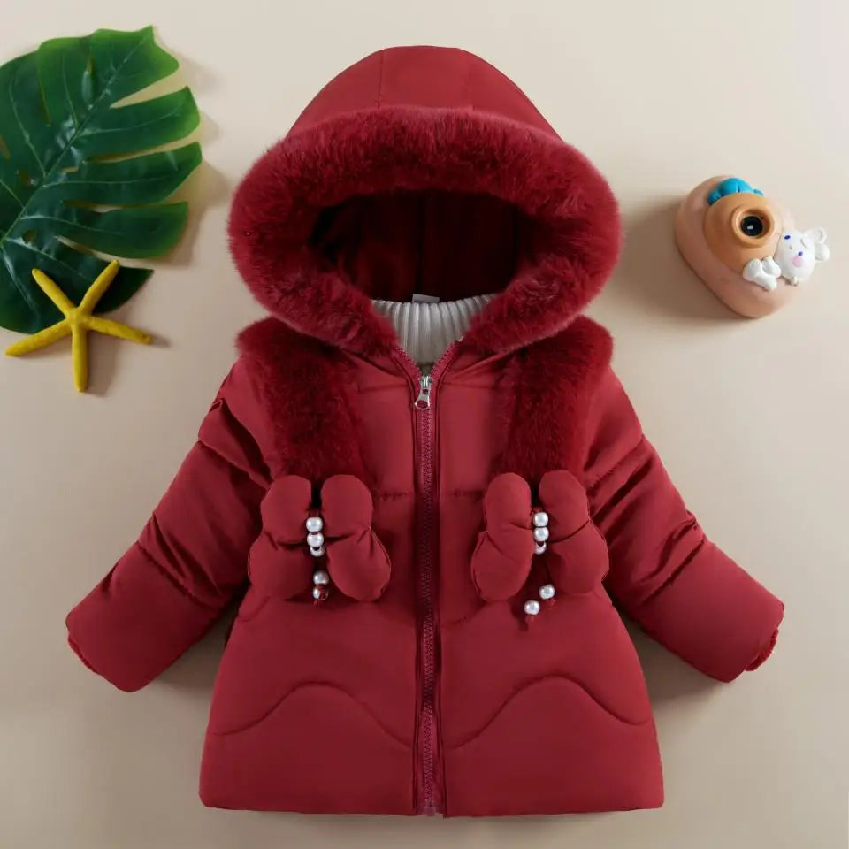 1 2 3 4 Years Baby Girls Jacket Winter New Solid Color Butterfly Decoration Lining Plush Warm Hooded Zipper Down Cotton Outwear