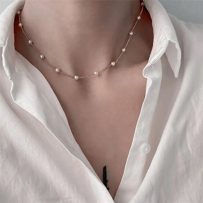 New Fashion Popular Choker Neckalce for Women Girl Imitation Pearl Link Chain Short Delicated Necklace Wholesale Jewlry