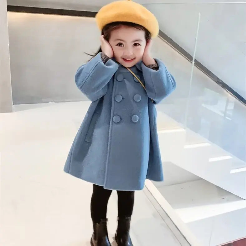 Winter Girl Baby Jacket Outdoor Cardigan Children's Medium Length Woolen Cotton Coat Thickened Double Breasted Jacket New 2024