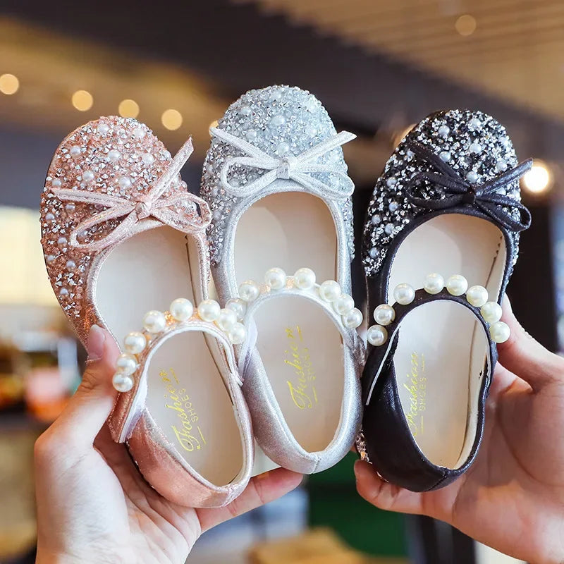 New Children Princess Party Girls Shoes Mary Janes Flats Fling Shoe Baby Fashion Pearl Rhinestone Dance Shoes Kids Wedding Shoe