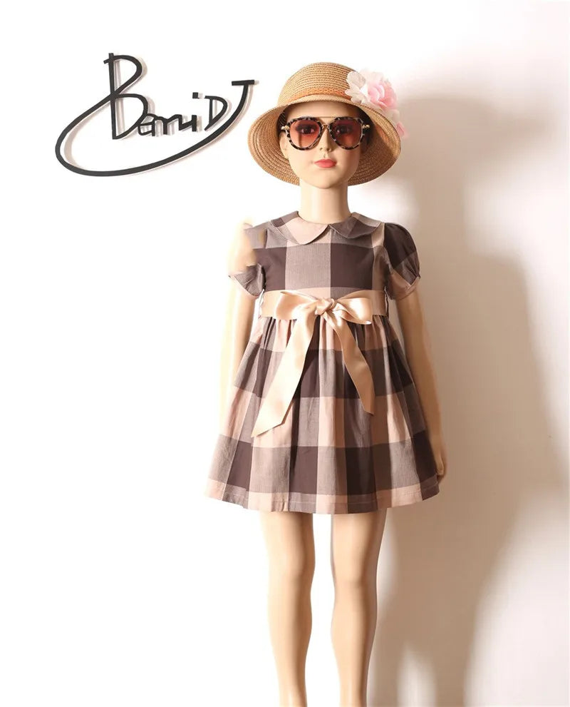 Summer Clothes Charming Dress Girls Cotton Casual Plaid Bow Children Dress  New Cute Baby Clothing Wholesale 1-7 Years Old