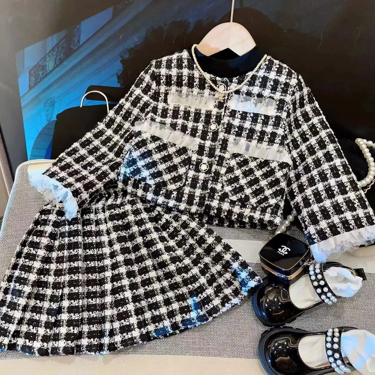 New Girls Set 2024 Autumn Baby Checkered Top Coat Short Skirt Sweet and Gentle Two Piece Set