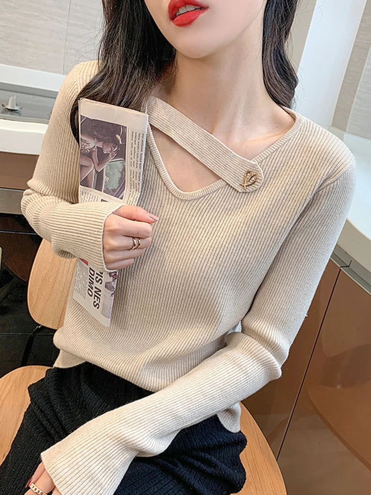 Hollow-out V-neck Women's Sweater Autumn Winter Knitted Pullovers Slim Bottoming Solid Soft Knitwear Jumpers Basic Sweaters 2024