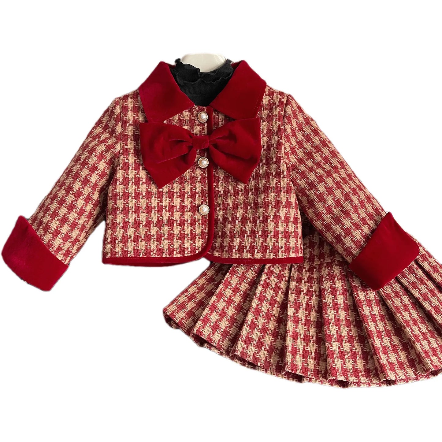 2024 Winter New Korean Edition Girls Red Grid Bow Set Baby Cotton Two Piece Set Toddler Girl Designable Gentle Clothes