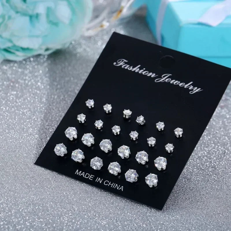 12 Pair/Lot White Shiny Wedding Stud Earrings Set for Women Men Cubic zircon Jewelry Accessories Minimalist Earring Jewelry Gift