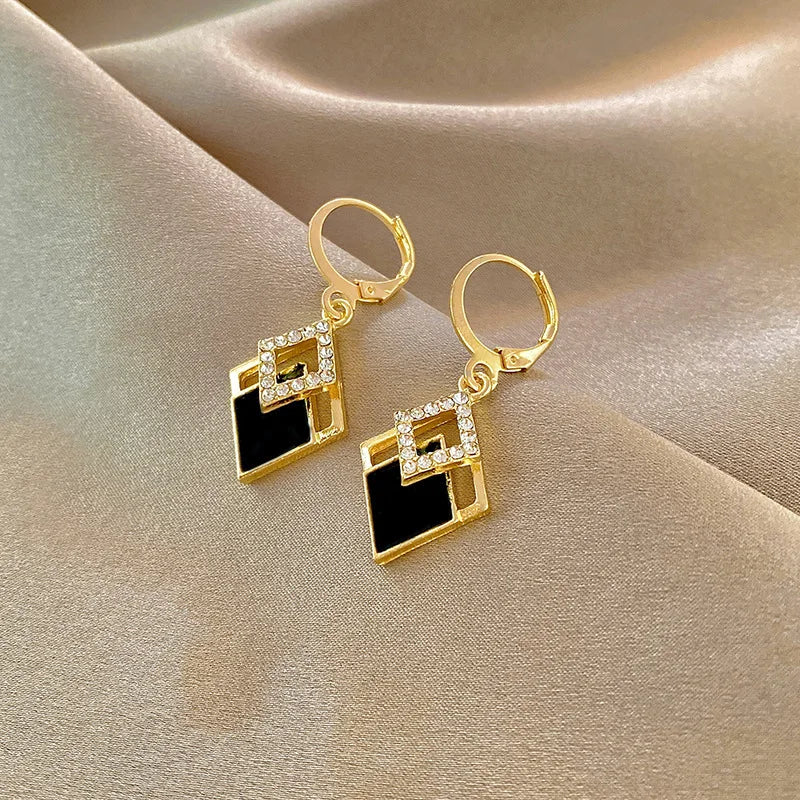 2023 Trending Black Rhinestone Statement Earrings for Women  Korean Gold Color Buckle Pendants Hanging Designer Earrings Jewelry