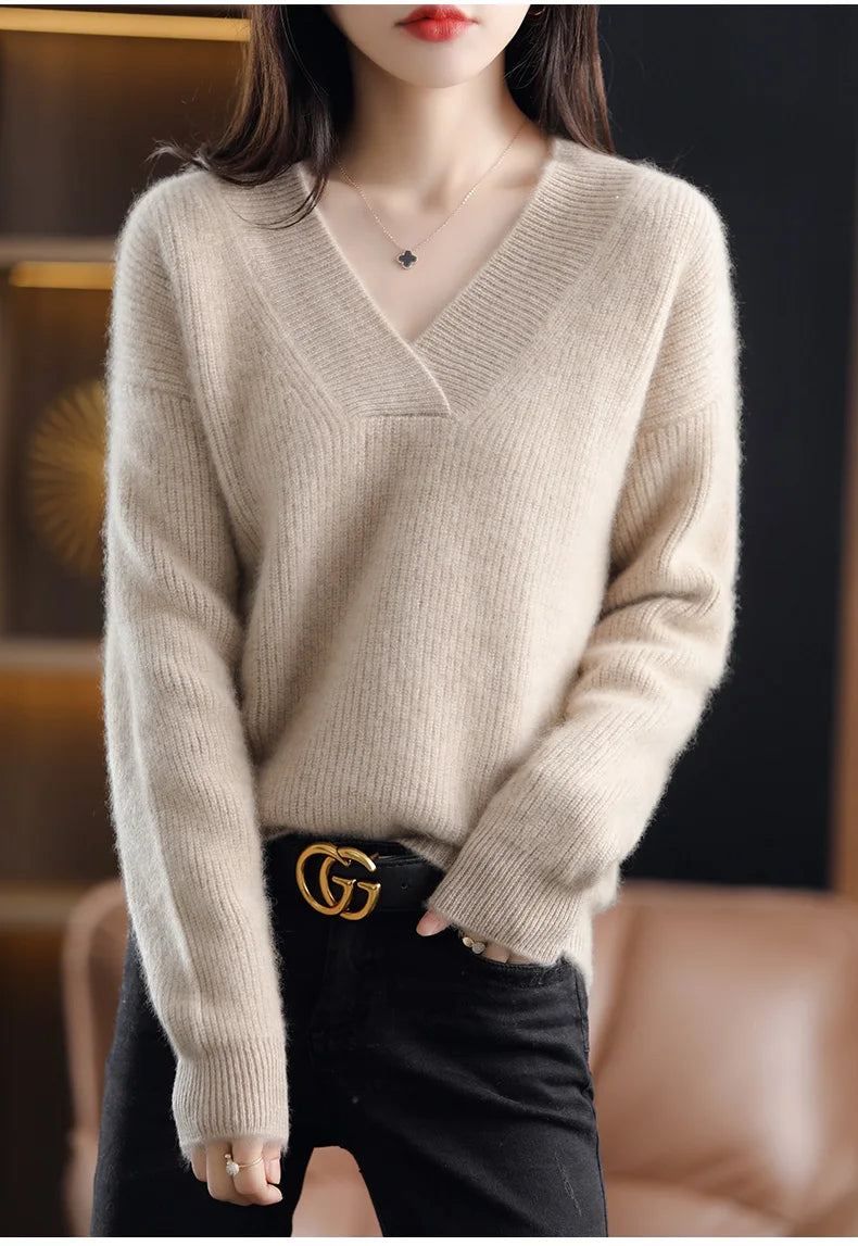 V-Neck Autumn Winter Sweater pullovers Women 2024 loose thick cashmere Sweater Pullover women oversize sweater jumper