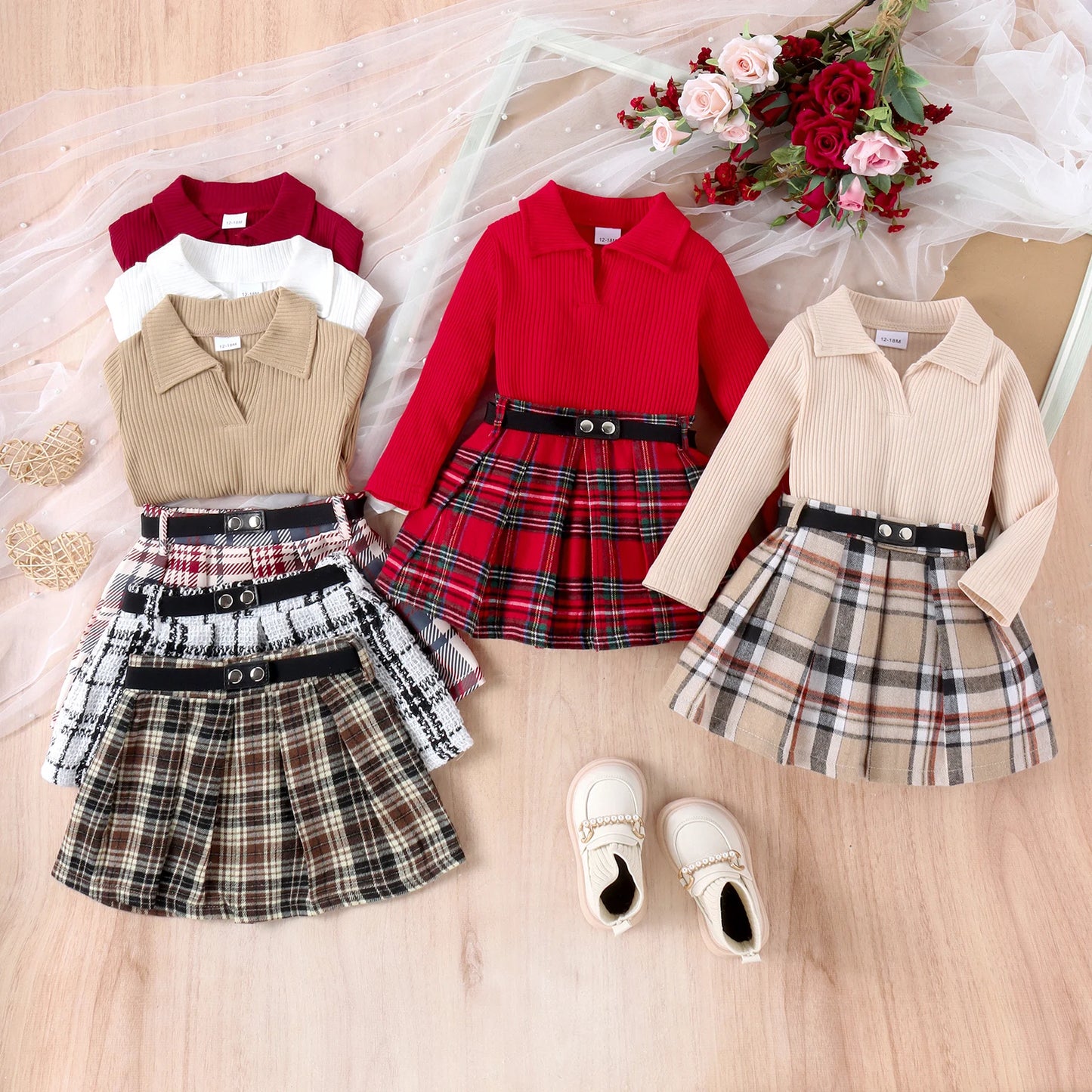 3PCS Autumn New Style 1-5 Year Old Middle And Middle School Girls Fashion College Style Solid Color Pit Top + Plaid Skirt Set