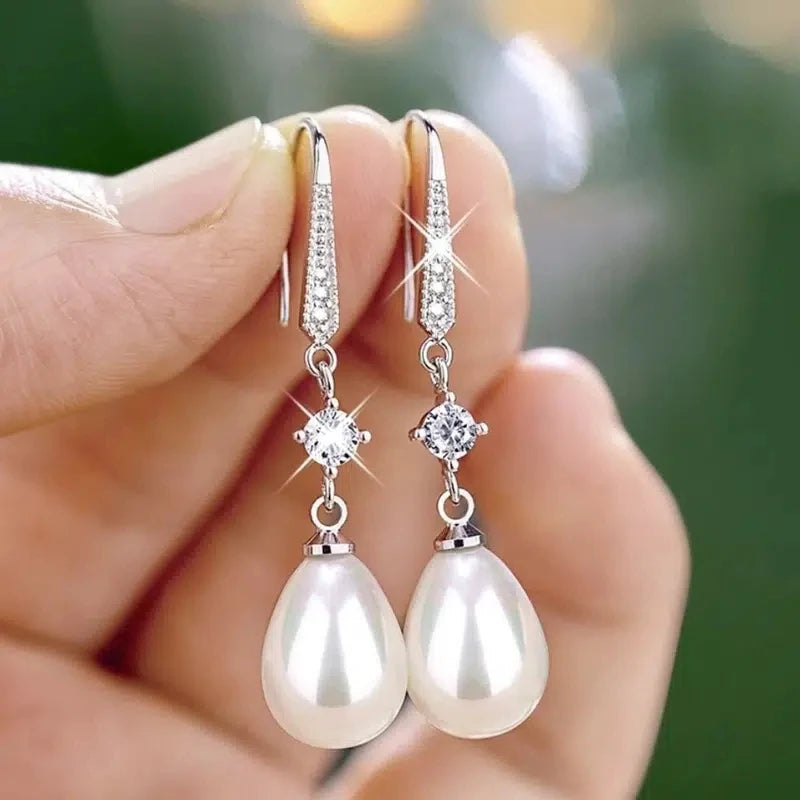 Fashion Water Drop Pearl Zircon Dangle Earrings for Women Bridesmaid Wedding Jewelry