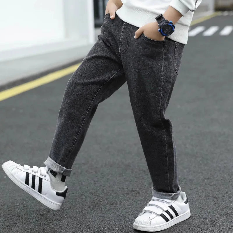 New Spring Autumn Pocket Black Kids Jeans Elastic Waist 2-13 Years Old Boys Girls Denim Trousers Cute Children Pants