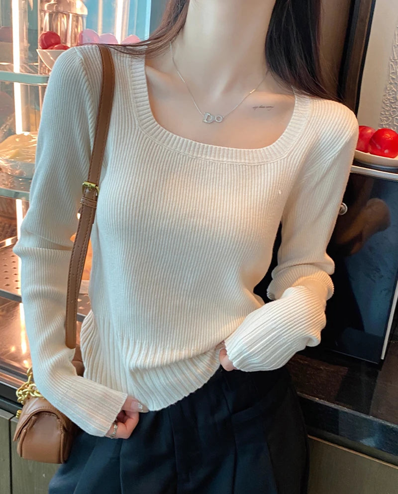 Autumn Winter Fashion Sweater Slim Knitted Pullover Women Square Collar Soft Solid Jumper Casual All Match Female Tops 2024 New