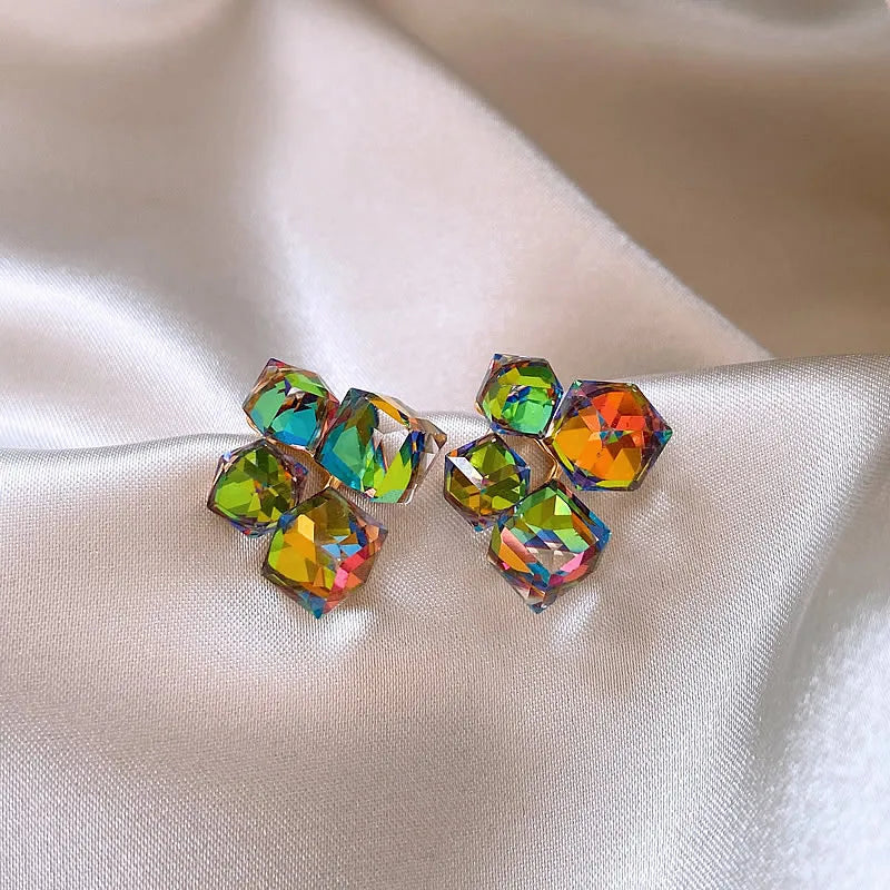 Design Fantastic Colorful Crystal Geometric Square Earrings with Different Angles and Colors Unusual Jewelry for Women or Girls