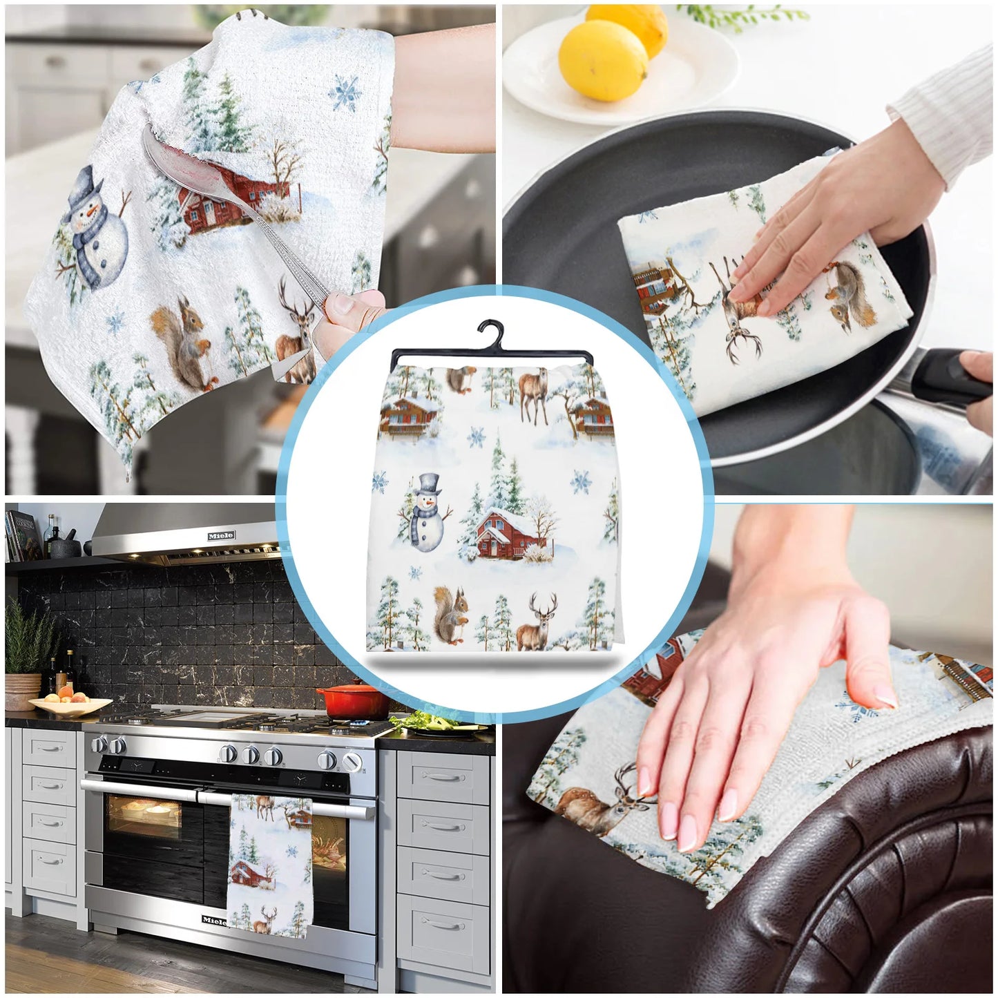 Winter Christmas Farmhouse Squirrel Snowman Elk Soft Microfiber Kitchen Towels Absorbent Dish Cloth Kichen Cleaning Supplies