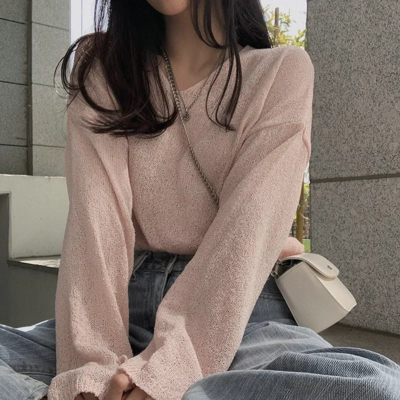 ITOOLIN Women V-Neck Loose Knitted Sweaters Long Sleeve Solid Casual Pullovers Sweater Women Streetwear Spring Autumn 2024