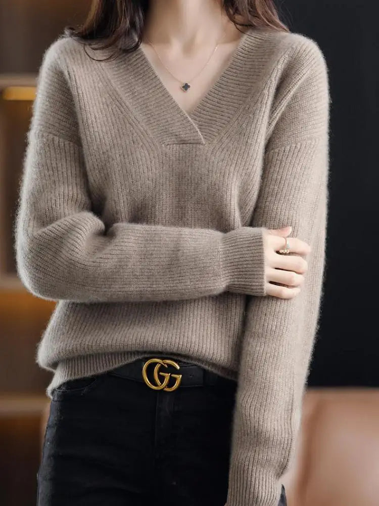 V-Neck Autumn Winter Sweater pullovers Women 2024 loose thick cashmere Sweater Pullover women oversize sweater jumper