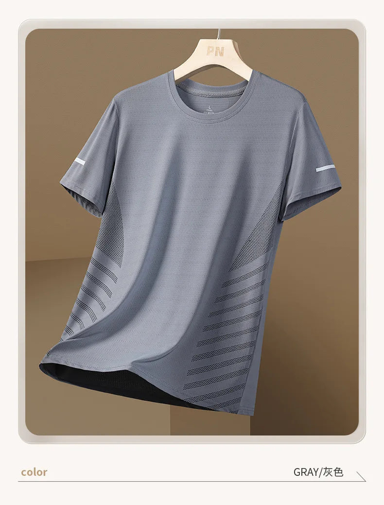 Running T-shirt Men Summer Ice Silk Thin Mesh Tops Reflective Print Quick Dry Short Sleeve Casual Elastic Fitness Sports Shirts