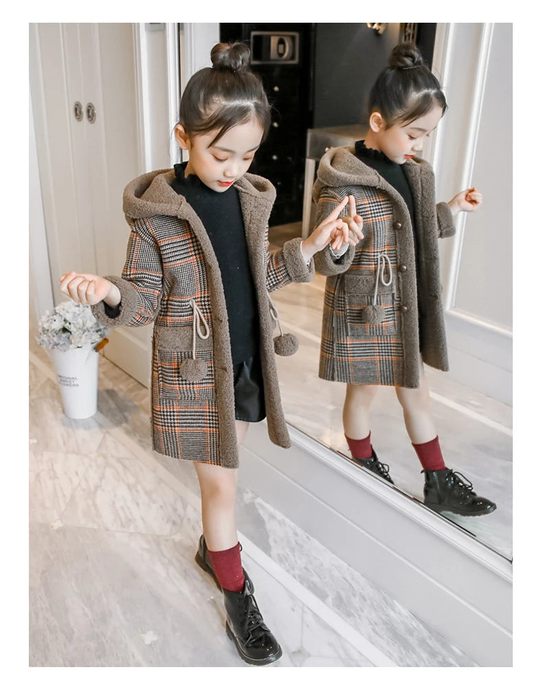 4-15 Year Children Outwear Winter for Girl Plaid Thicken Woolen Jacket Coat Teenage Kids Outfits Wool Long Outerwear Warm Fleece