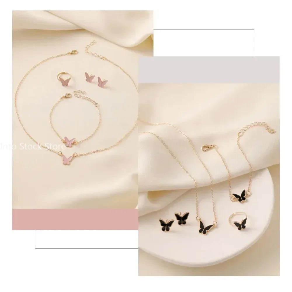 New Personalized Butterfly Glazed Bracelet Ring Necklace Earring, Exquisite Small and Fashionableand High Sense Collar Chain Set