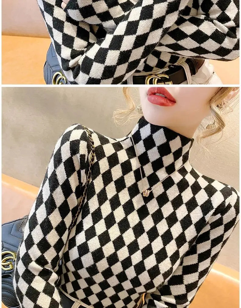 Women Clothing Fashion Elegant Mock Neck Long Sleeve Pullovers Spring Autumn Chic Slim Plaid All-match Tops Office Lady Sweaters